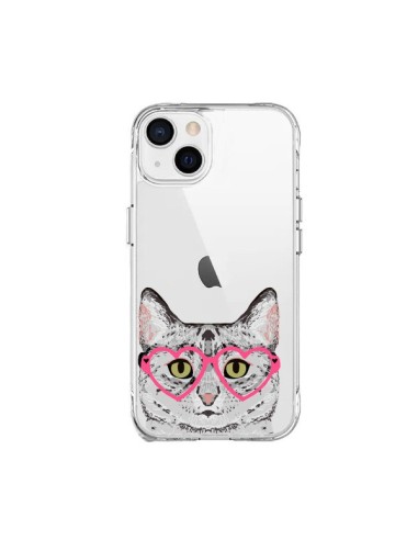 Cover iPhone 15 Plus Gatto Grigio Occhiali Cuori Trasparente - Pet Friendly