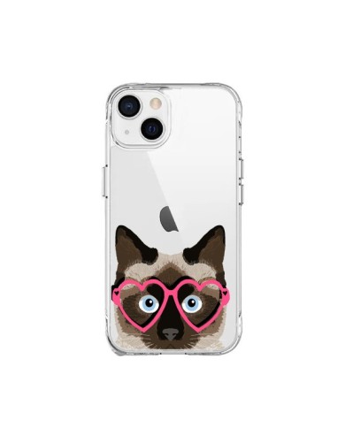 Coque iPhone 15 Plus Chat Marron Lunettes Coeurs Transparente - Pet Friendly