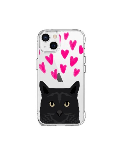Coque iPhone 15 Plus Chat Noir Coeurs Transparente - Pet Friendly