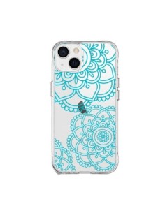 Coque iPhone 15 Plus Mandala Bleu Aqua Doodle Flower...