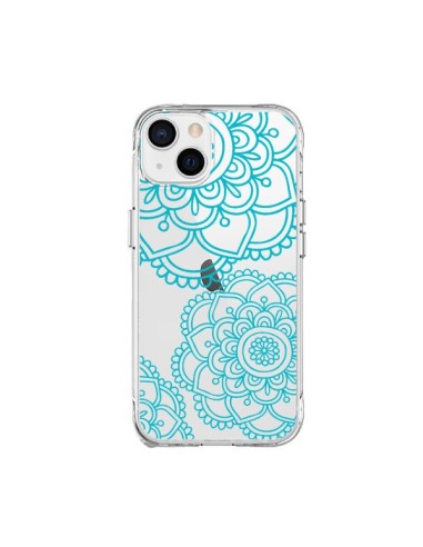 Coque iPhone 15 Plus Mandala Bleu Aqua Doodle Flower Transparente - Sylvia Cook