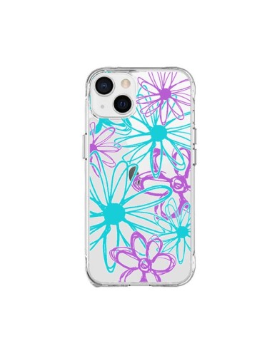 Coque iPhone 15 Plus Turquoise and Purple Flowers Fleurs Violettes Transparente - Sylvia Cook