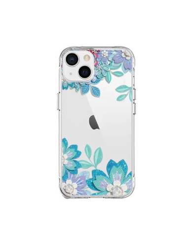 Coque iPhone 15 Plus Winter Flower Bleu, Fleurs d'Hiver Transparente - Sylvia Cook