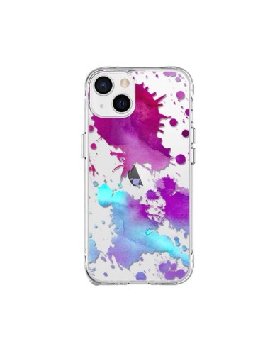 Coque iPhone 15 Plus Watercolor Splash Taches Bleu Violet Transparente - Sylvia Cook