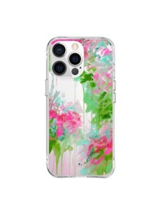 Cover iPhone 15 Pro Max Fiori Rosa Verde Trasparente -...
