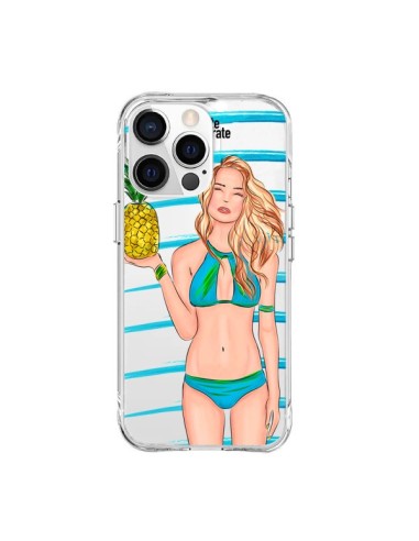 Coque iPhone 15 Pro Max Malibu Ananas Plage Ete Bleu Transparente - kateillustrate