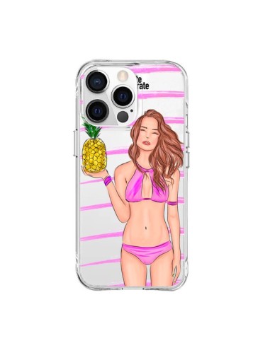 Coque iPhone 15 Pro Max Malibu Ananas Plage Ete Rose Transparente - kateillustrate