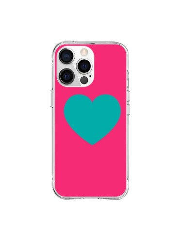 Coque iPhone 15 Pro Max Coeur Bleu Fond Rose - Laetitia