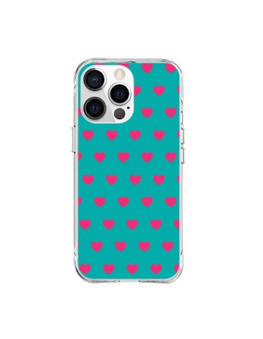 Coque iPhone 15 Pro Max Coeurs Roses Fond Bleu - Laetitia