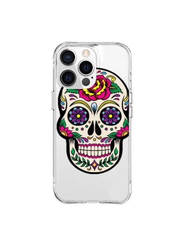 Coque iPhone 15 Pro Max Tête de Mort Mexicaine Fleurs Transparente - Laetitia