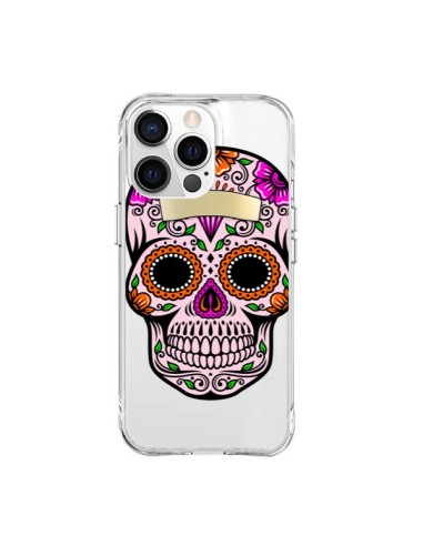 Coque iPhone 15 Pro Max Tête de Mort Mexicaine Noir Rose Transparente - Laetitia