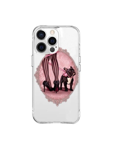 Coque iPhone 15 Pro Max Lady Jambes Chien Bulldog Dog Rose Pois Noir Transparente - Maryline Cazenave