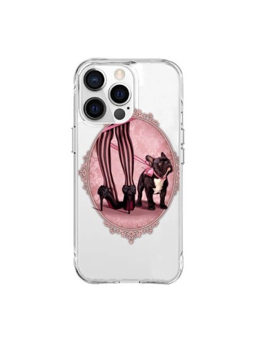 Cover iPhone 15 Pro Max Lady Jambes Cane Bulldog Dog Rosa Pois Nero Trasparente - Maryline Cazenave