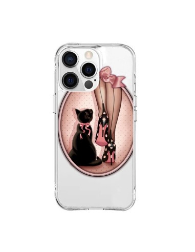 Coque iPhone 15 Pro Max Lady Chat Noeud Papillon Pois Chaussures Transparente - Maryline Cazenave