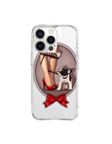 Coque iPhone 15 Pro Max Lady Jambes Chien Bulldog Dog Pois Noeud Papillon Transparente - Maryline Cazenave