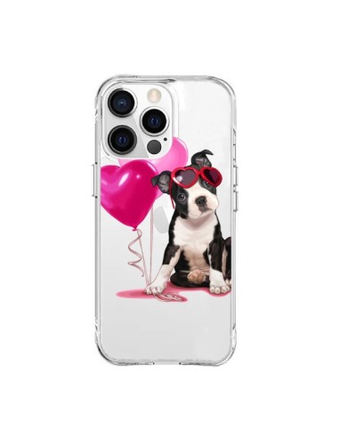 Cover iPhone 15 Pro Max Cane Dog Palloncini Occhiali Cuore Rosa Trasparente - Maryline Cazenave