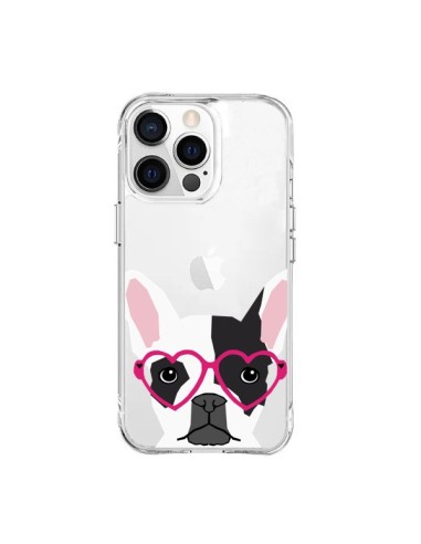 Coque iPhone 15 Pro Max Bulldog Français Lunettes Coeurs Chien Transparente - Pet Friendly