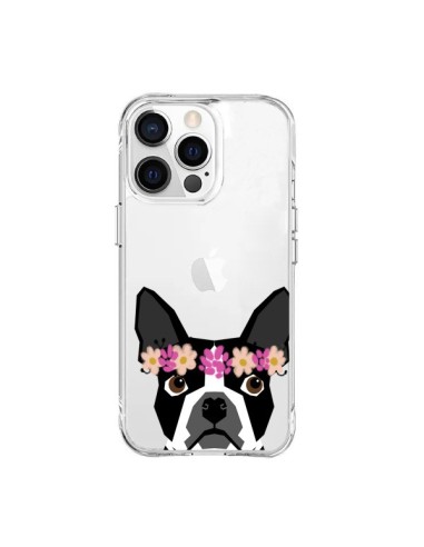 Coque iPhone 15 Pro Max Boston Terrier Fleurs Chien Transparente - Pet Friendly