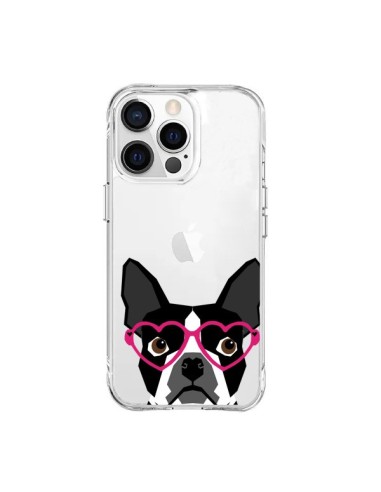 Coque iPhone 15 Pro Max Boston Terrier Lunettes Coeurs Chien Transparente - Pet Friendly