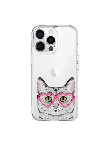 Coque iPhone 15 Pro Max Chat Gris Lunettes Coeurs Transparente - Pet Friendly