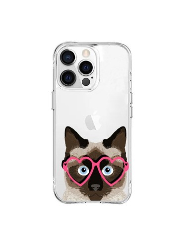 Cover iPhone 15 Pro Max Gatto Marrone Occhiali Cuori Trasparente - Pet Friendly
