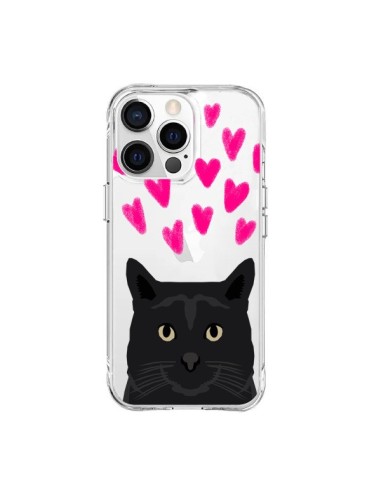 Coque iPhone 15 Pro Max Chat Noir Coeurs Transparente - Pet Friendly