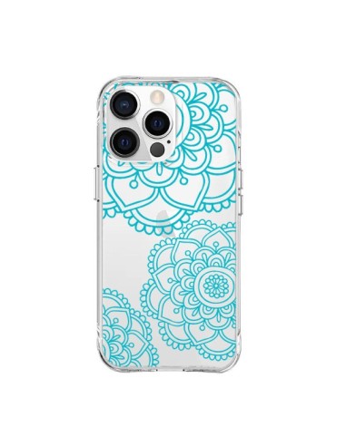 Coque iPhone 15 Pro Max Mandala Bleu Aqua Doodle Flower Transparente - Sylvia Cook