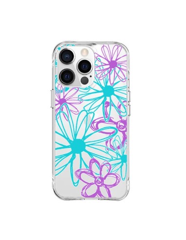 Coque iPhone 15 Pro Max Turquoise and Purple Flowers Fleurs Violettes Transparente - Sylvia Cook