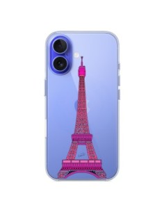 Coque iPhone 16 Tour Eiffel Rose Paris Transparente -...