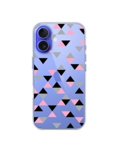 Coque iPhone 16 Triangles Pink Rose Noir Transparente -...