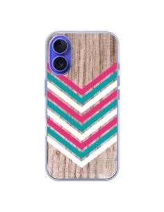 Coque iPhone 16 Tribal Aztèque Bois Wood Flèche Rose Bleu...