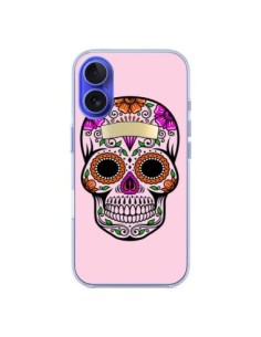 Coque iPhone 16 Tête de Mort Mexicaine Rose Multicolore -...