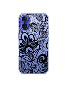 Coque iPhone 16 Lace Fleur Flower Noir Transparente -...