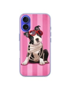 Cover iPhone 16 Cane Fashion Collana di Perle Occhiali...