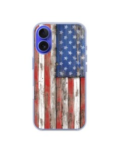 Coque iPhone 16 Drapeau USA Vintage Bois Wood -...
