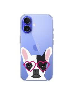 Coque iPhone 16 Bulldog Français Lunettes Coeurs Chien...
