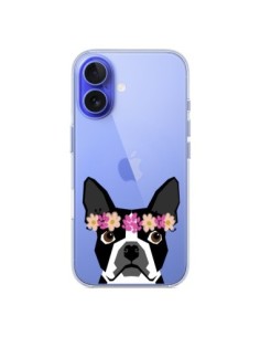 Coque iPhone 16 Boston Terrier Fleurs Chien Transparente...