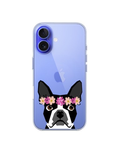 Cover iPhone 16 Boston Terrier Fiori Cane Trasparente - Pet Friendly