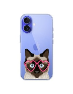 Coque iPhone 16 Chat Marron Lunettes Coeurs Transparente...