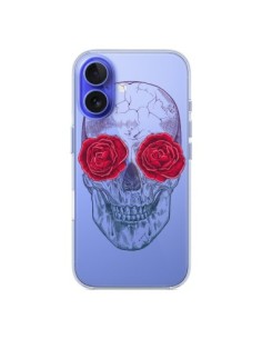 Coque iPhone 16 Tête de Mort Rose Fleurs Transparente -...
