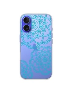 Coque iPhone 16 Mandala Bleu Aqua Doodle Flower...