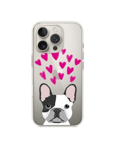 Coque iPhone 16 Pro Bulldog Français Coeurs Chien Transparente - Pet Friendly
