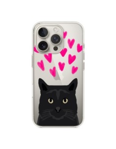 Cover iPhone 16 Pro Gatto Nero Cuori Trasparente - Pet...