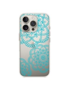 Coque iPhone 16 Pro Mandala Bleu Aqua Doodle Flower...