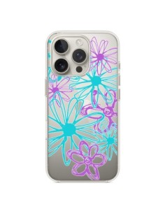 Cover iPhone 16 Pro Fiori Viola e Turchesi Trasparente -...