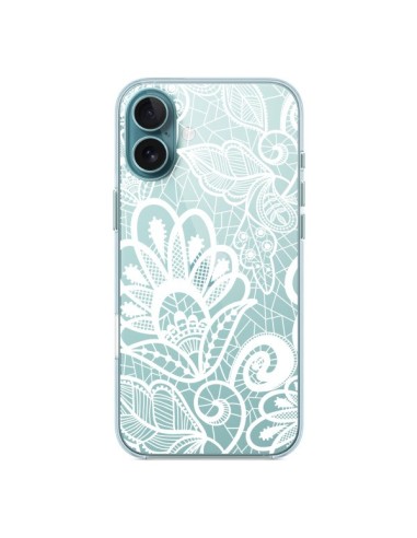 Cover iPhone 16 Plus Pizzo Fiori Flower Bianco Trasparente - Petit Griffin