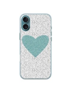Coque iPhone 16 Plus Coeur Bleu Vert Argent Love - Mary...