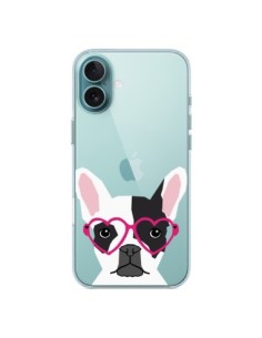 Coque iPhone 16 Plus Bulldog Français Lunettes Coeurs...
