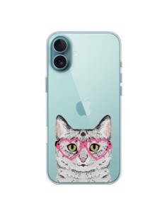 Cover iPhone 16 Plus Gatto Grigio Occhiali Cuori...