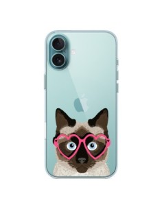 Coque iPhone 16 Plus Chat Marron Lunettes Coeurs...